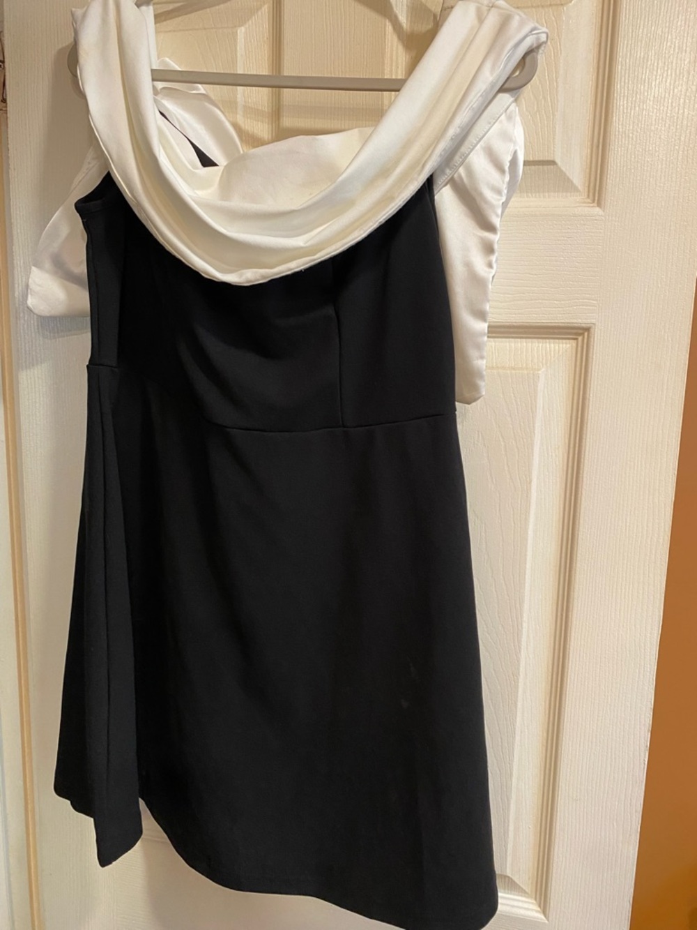 SHEIN Black and White Satin Drape Neck Mini Dress